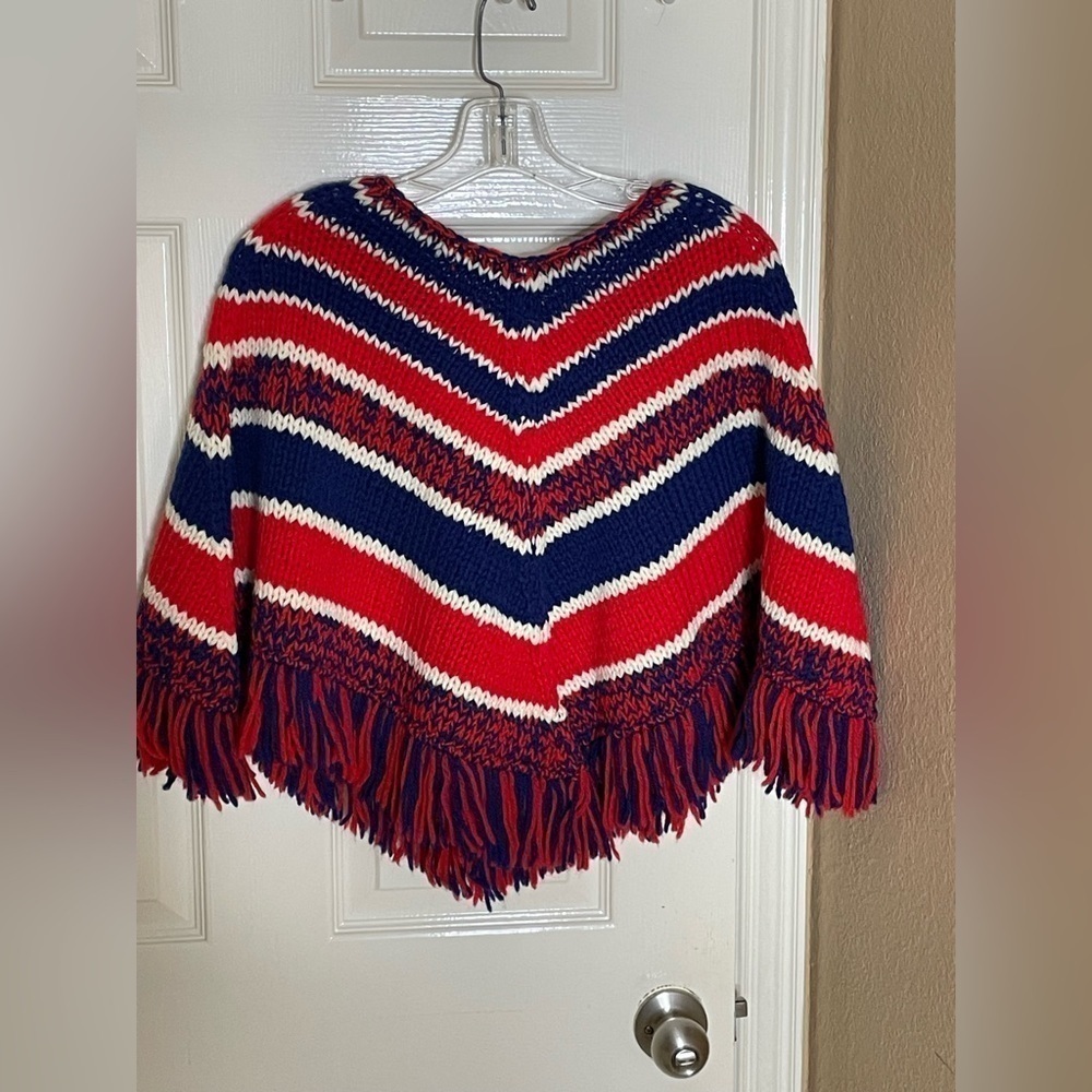 Handknitted Patchwork Wool Colorful Festival Boho Fringe Poncho Wrap - Picture 6 of 10